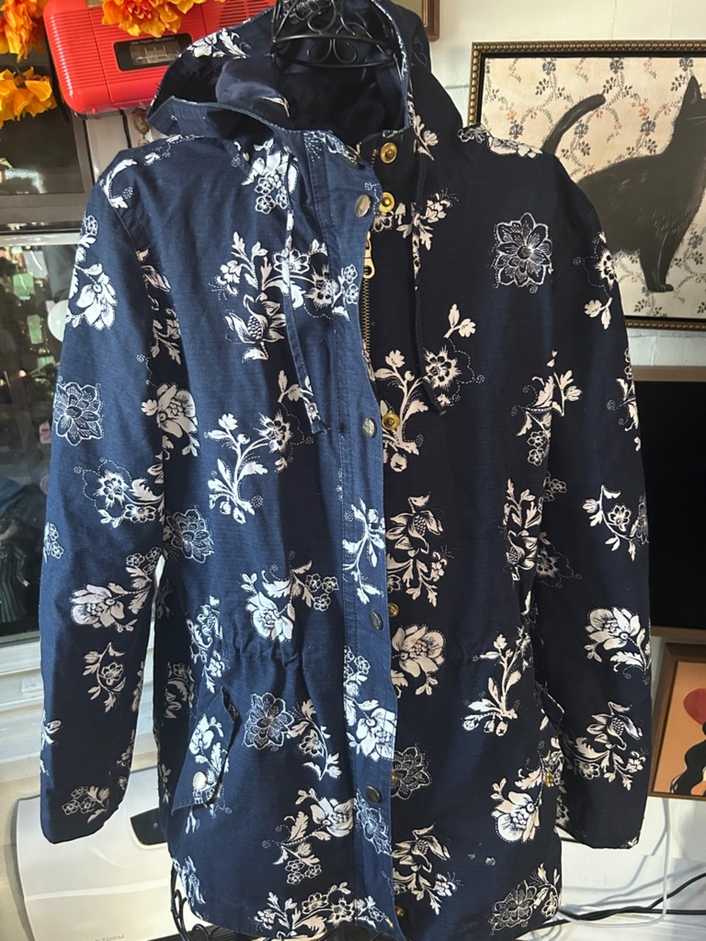 Charter Club Navy Blue and White Floral Hooded Jacket